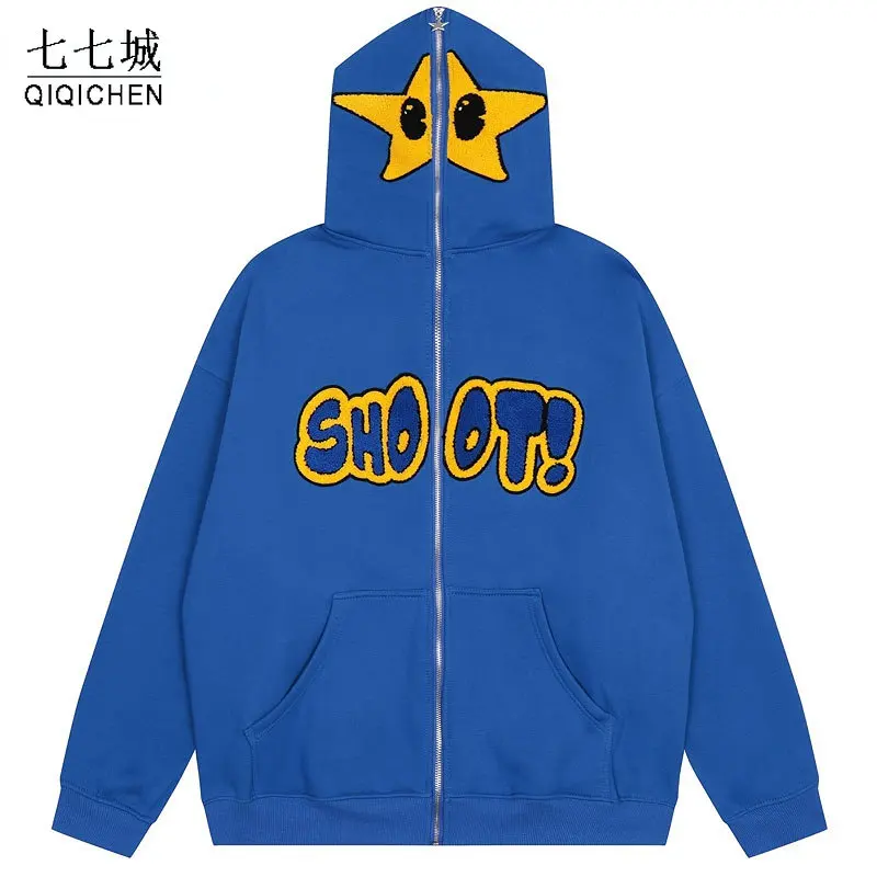 Mens Oversize Hooded Jacket Streetwear Hip Hop Embroidery Star Letter  Full Zip Up Fleece Jackets Vintage Fashion Coat Couple