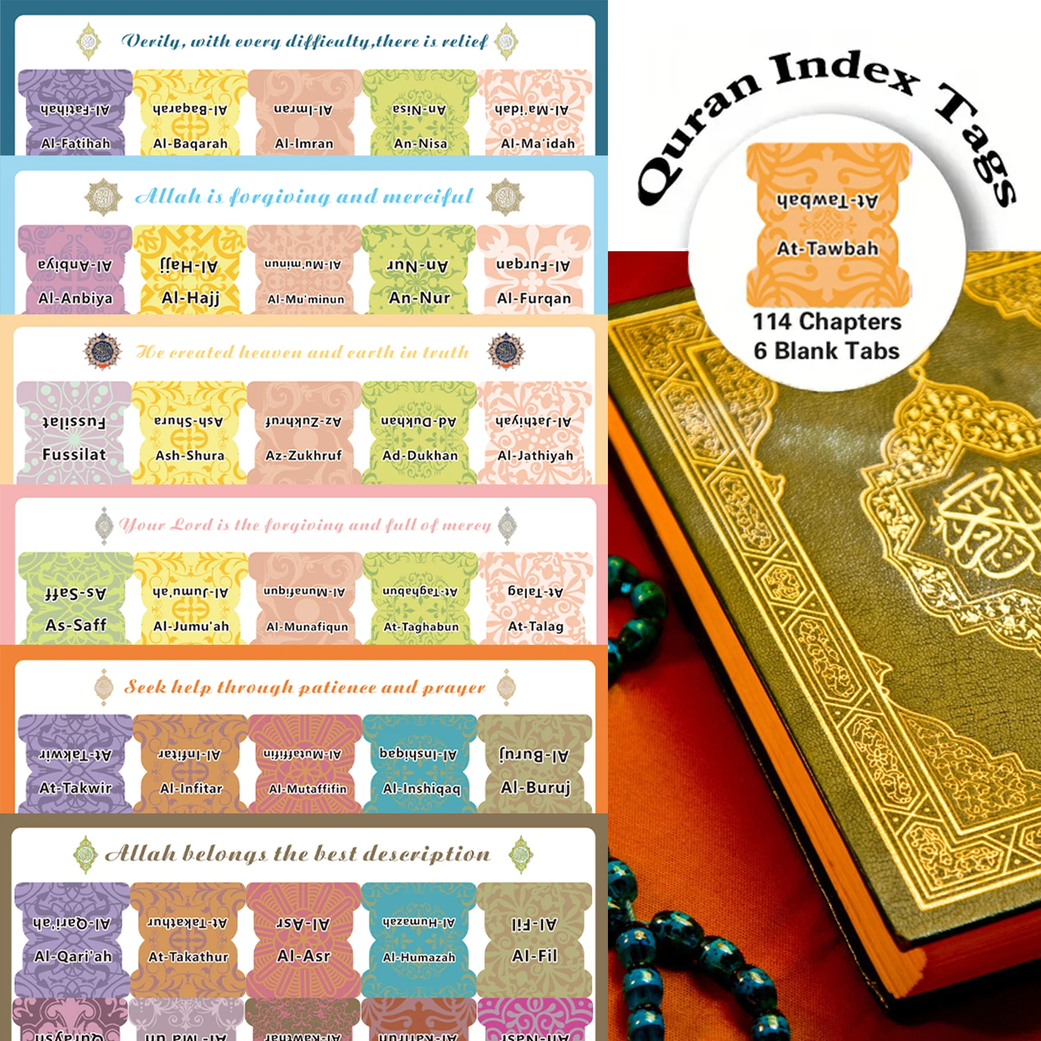 114 Quran Chapter Tabs & 6 Blank Tabs: Self-Adhesive, Tear-Resistant, Clearly Printed for Easy Quran Navigation And Decoration