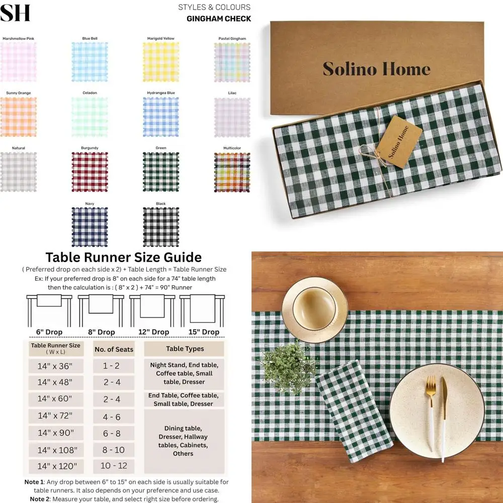

Pure Linen Green Gingham Table Runner 14x120 Inches, Perfect for Dining, Christmas, Winter Events