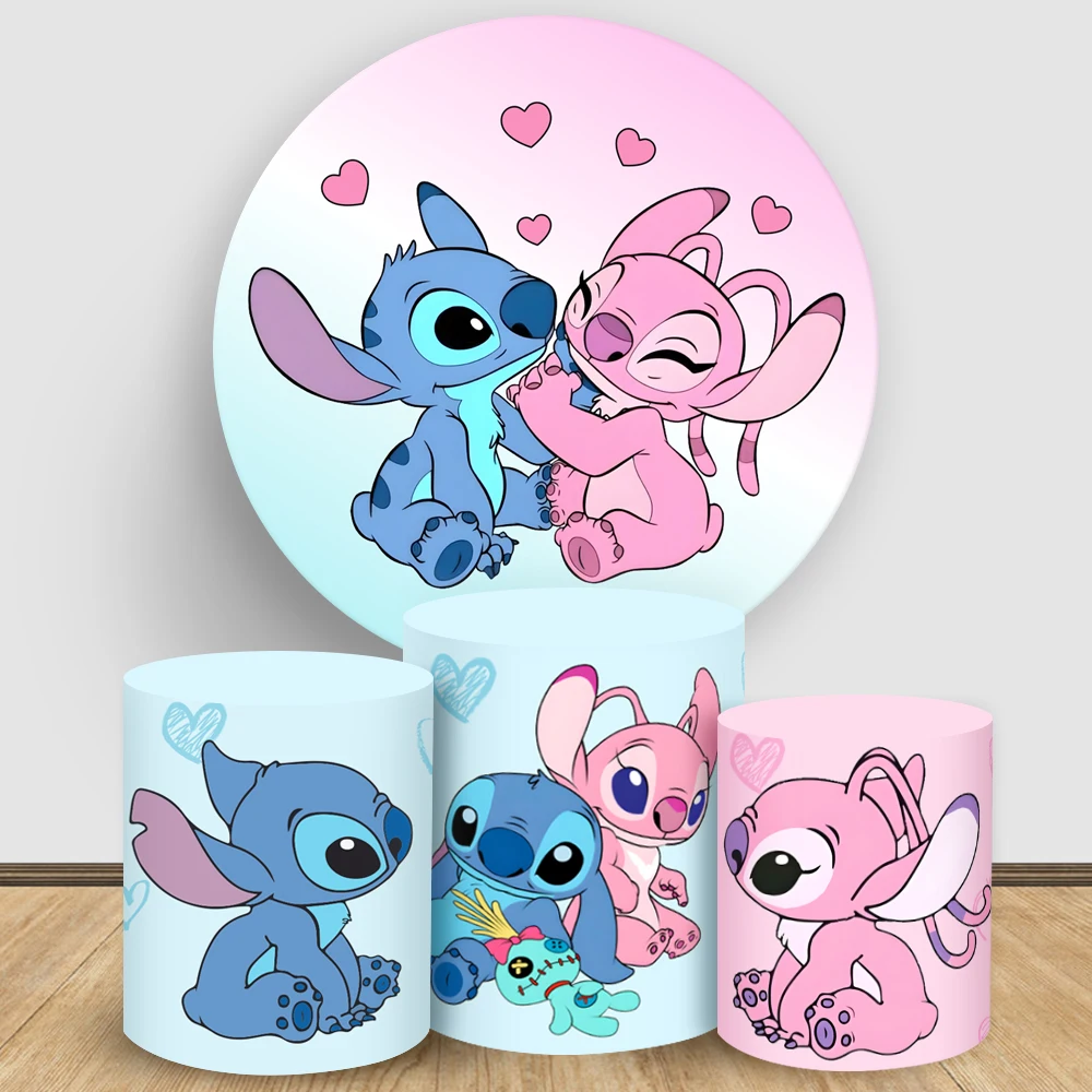 

Disney Stitch Round Backdrop Cover Pink&blue Cylinder Cover Baby Shower Birthday Photograph Decor Dessert Table Elastic Fabric