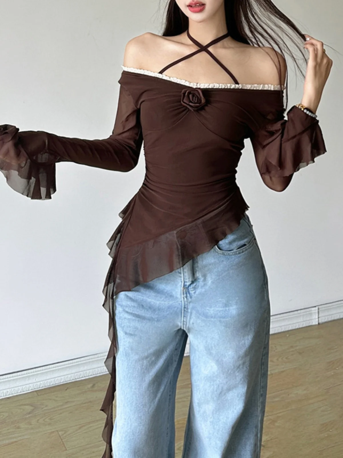 

Street Sle Slim Fit Long Sve Pure Color See tough Perspective Top for Women ort Length One oulder Tirt