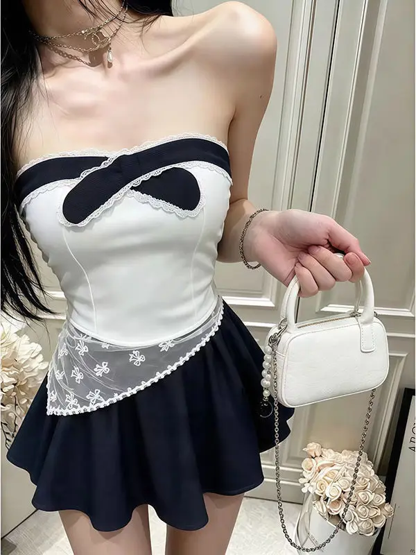 Summer New Sweet And Spicy Style Splice Color Contrast Tube Top Vest Women's Slimming Integrated with Chest Pad Breathable ...