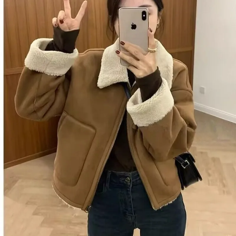 Thiened pele de cordeiro quente Jaet feminino motociclista Sle couro e pele outono inverno casaco ort fechamento com zíper C...