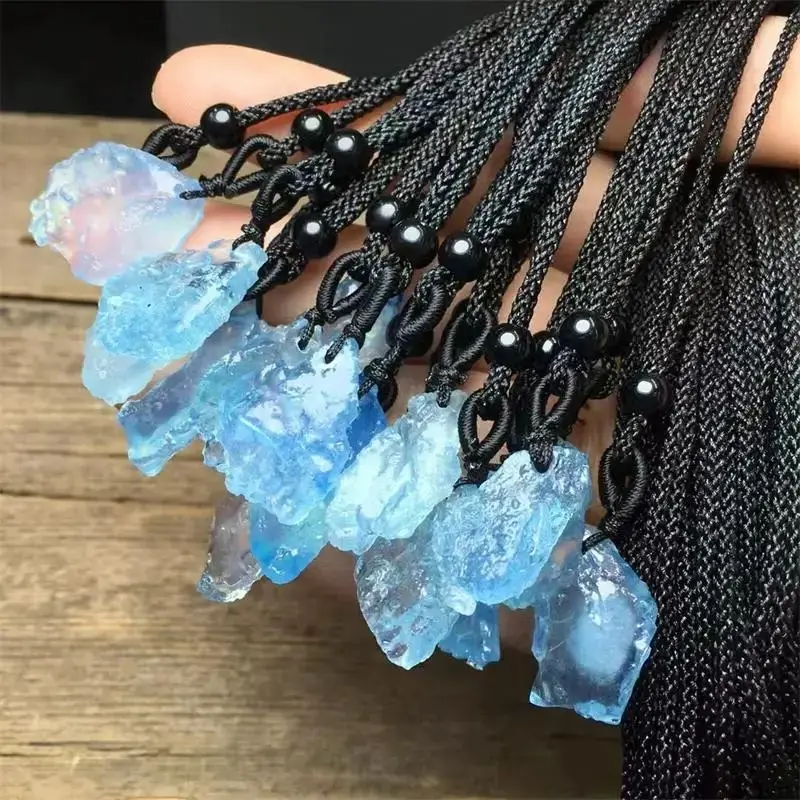 ธรรมชาติ Aquamarine จี้สีดําเชือก Reiki Healing หินแฟชั่นเครื่องประดับสําหรับผู้หญิงผู้ชายของขวัญ 1 ชิ้น