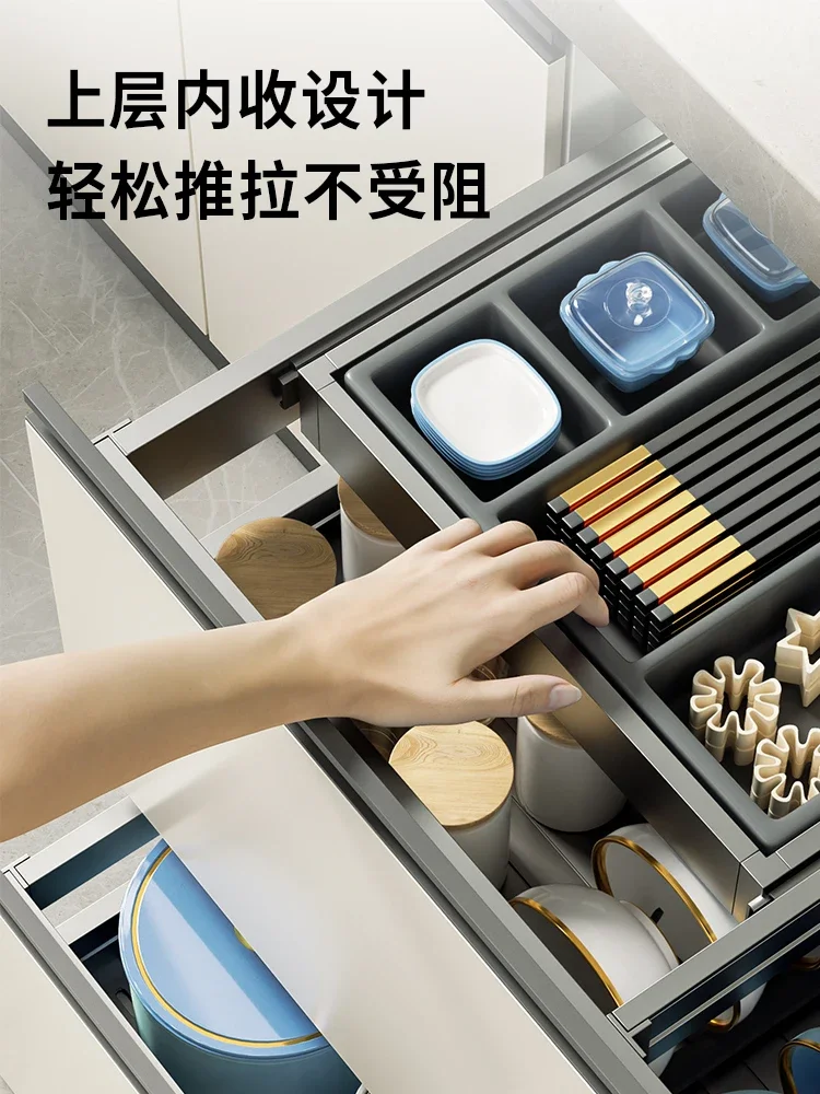 Basket-pulling kitchen cabinet with three-layer drawer-type aluminum alloy deepening cabinet with bowls, chopsticks, pots, pans