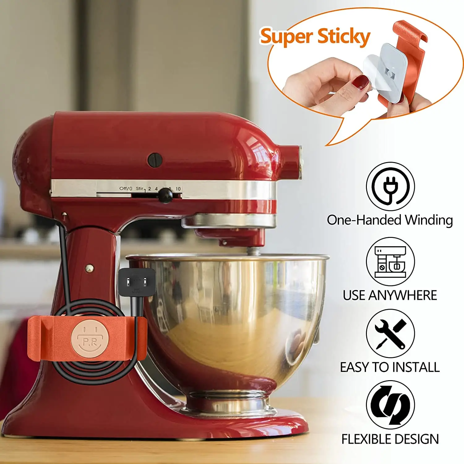 キッチン家電用の粘着性コードオーガナイザー、家電コードホルダー、回転ラップ、オレンジ、4個