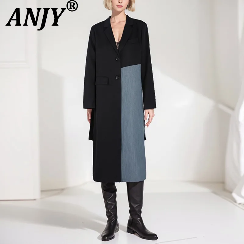 

ANJY Autumn Winter New Women High-End Fashion Color Block Patchwork Trench Coat Elegant Temperament Chic Casual Long Coat A14060