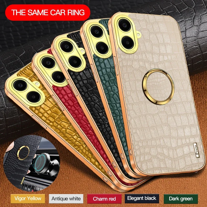 For Samsung Galaxy A04e A06 A05s Phone Case Magnetic Ring Holder Crocodile Texture Leather Silicone Soft Shockproof Cover Cases