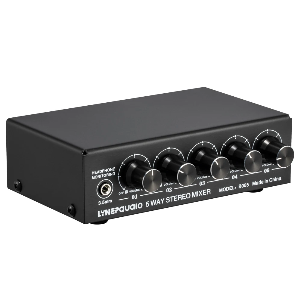 LYNEPAUAIO Stereo 5-Way Active Mixer Independent Volume Adjustment Support Multi-Channel Mixer with Headphone Monitor