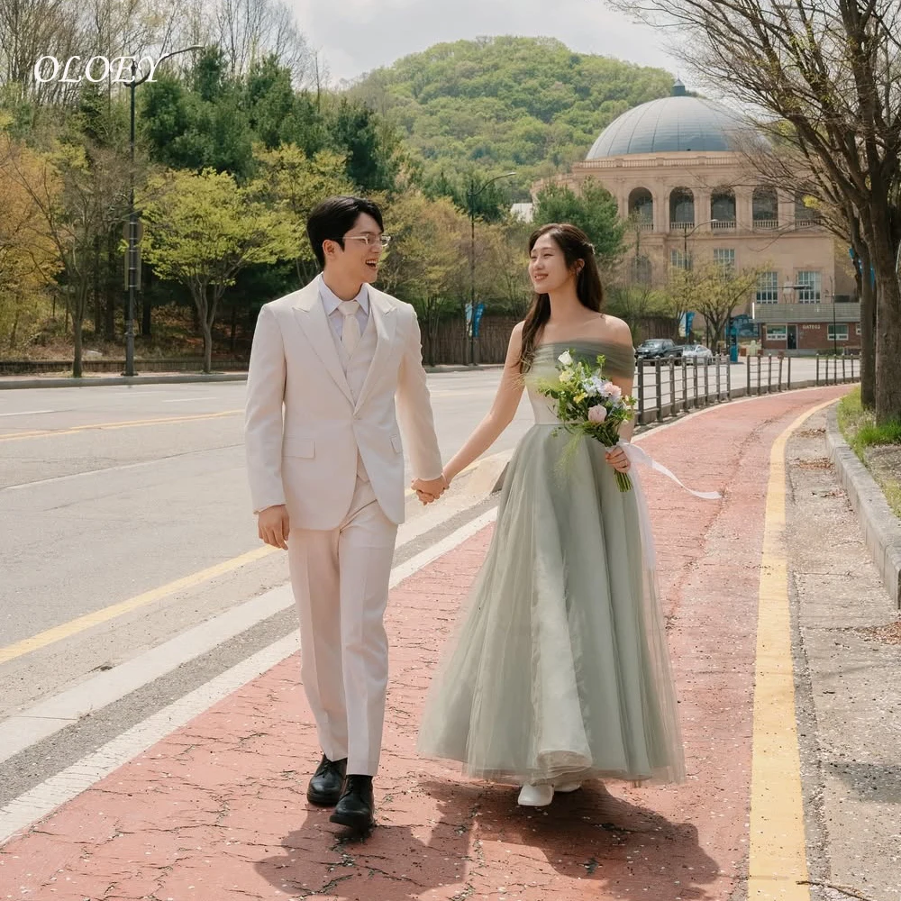 

OLOEY One-Shoulder Green Tulle A-Line Evening Party Dresses Korea Corset Wedding Women Gowns Event Prom Gowns Customized