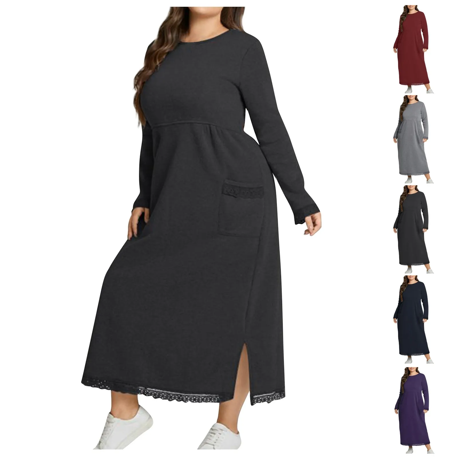 Fashion Women Knitting Dress Long Sweater For Autumn Winter 2023 New Solid Patchwork Round Collar Pullover Oversize Dresses