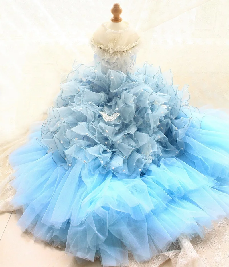 

Handmade Dog Clothes Pet Supplies Trailing Dress Gown Blue Hemming Pearl Lace Butterfly Princess Tiered Skirt Tulle One Piece