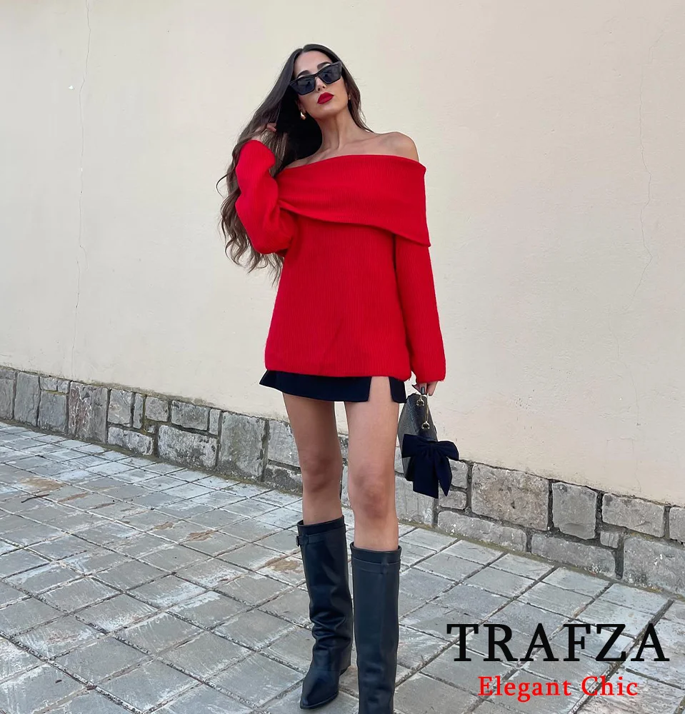 TRAFZA Women Knitted Straight Shoulder Sweater Off-shoulder Boat Neck Sweater New 2024 Spring Fall Sexy Elegant Sweater