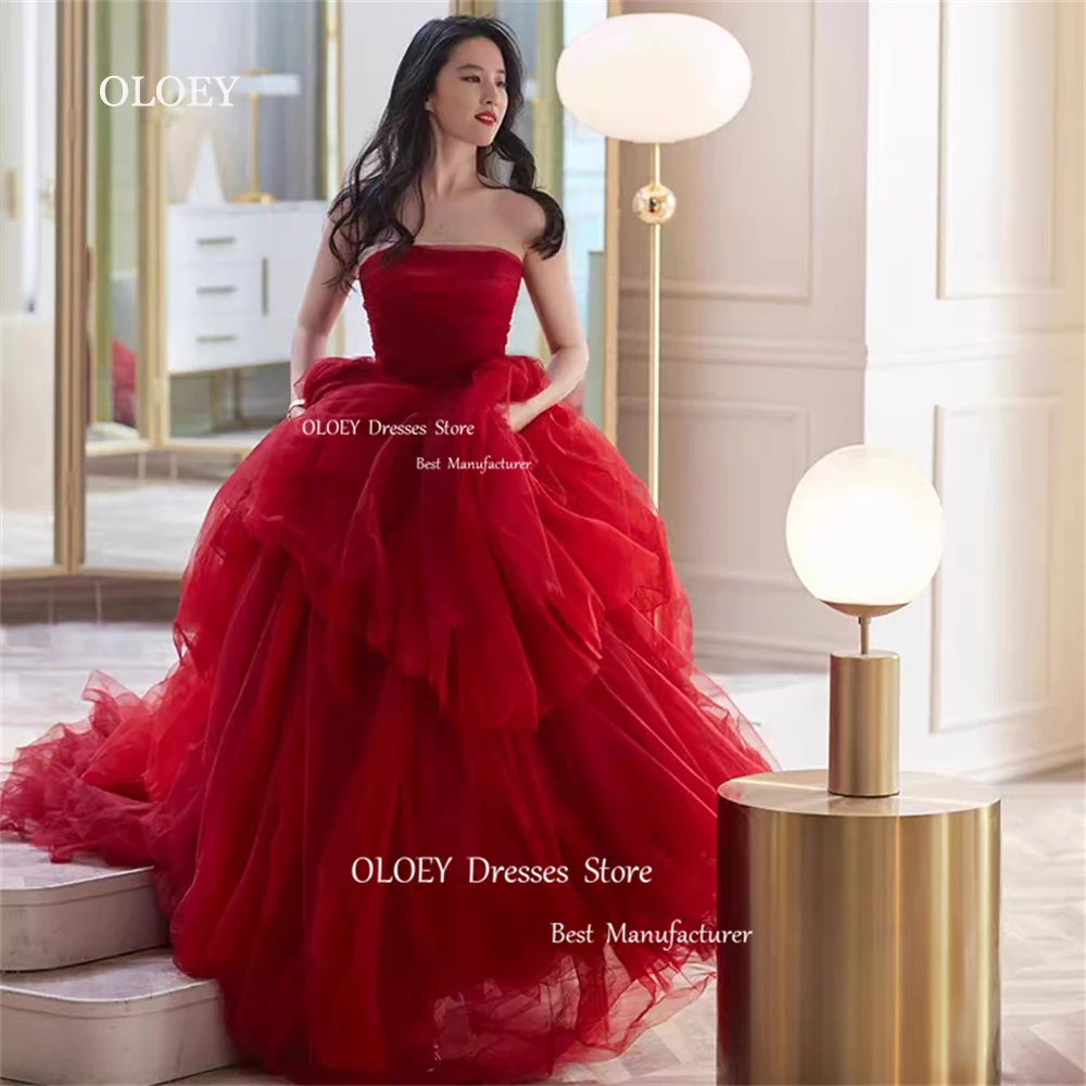 OLOEY Strapless Red Prom Dresses Korea Photoshoot Tiered Silky Organza Formal Evening Dresses Perform Gown Customized Corset Zip