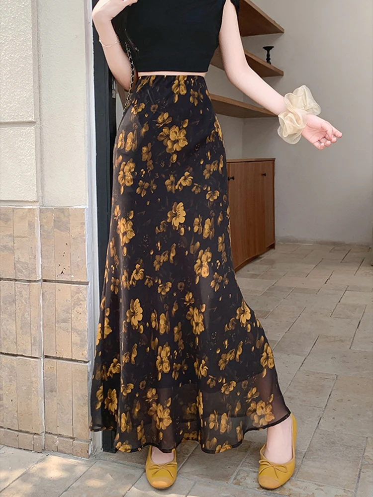 Retro chiffon floral midi skirt women summer high waisted slim fit A-line skirt hanging feeling temperament fishtail skirt