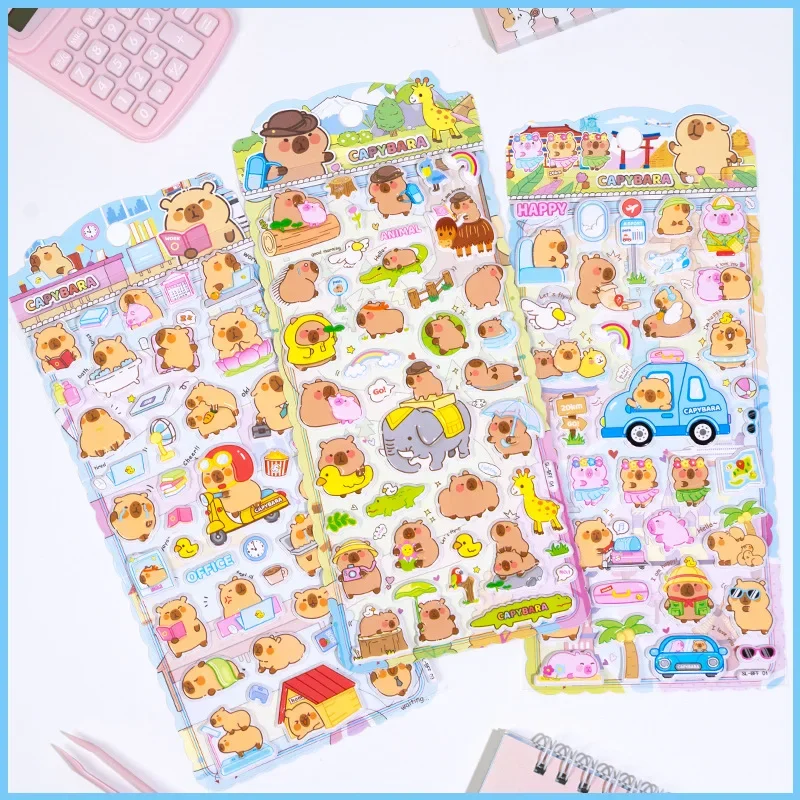 3D Capybara Kawaii Water Pig Puffy Stickers for Kids Reward DIY Scrapbook Phone Decal Cartoon Animal
