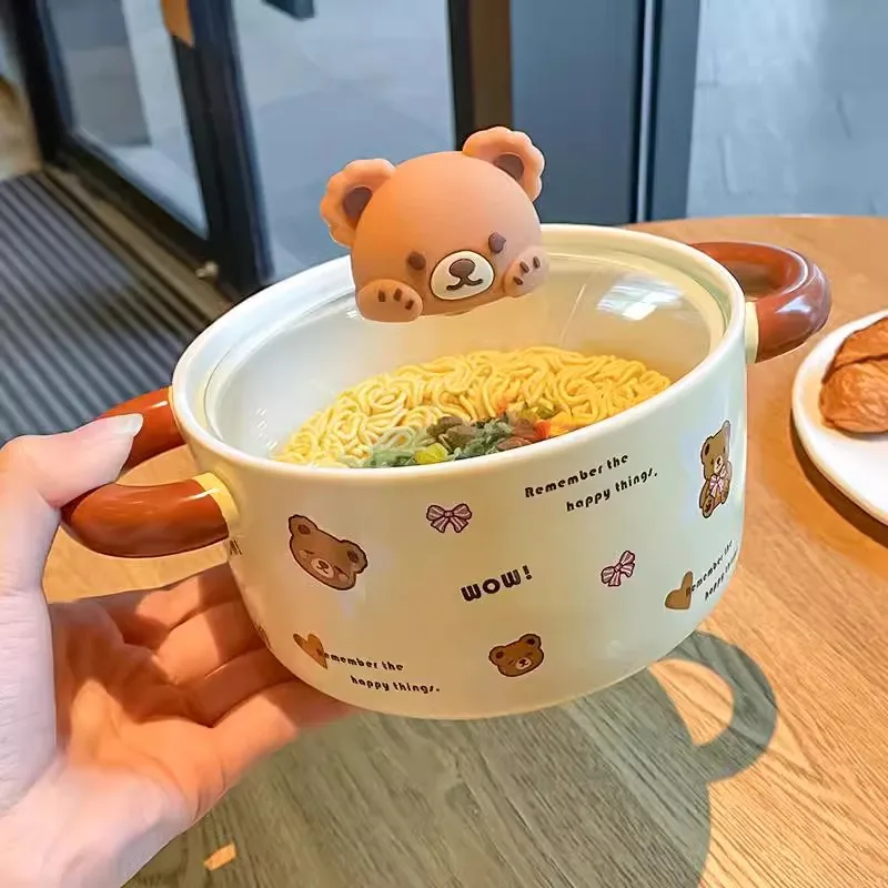 Kawaii Bear Jumbo Ramen Bowl With Lid Kitchen Tableware Cute Japanese Ceramics Instant Noodles Fruit Salad Soup Bowl Gift 750ml