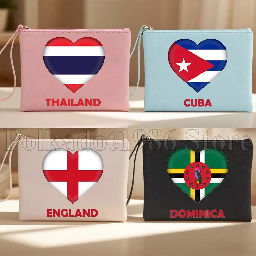 Cuba Dominica Honduras Hungría Polonia Portugal Chile corazón bandera PU bolsa de cosméticos de cuero estuche de maquillaje para mujer bolsa de almacenamiento impermeable