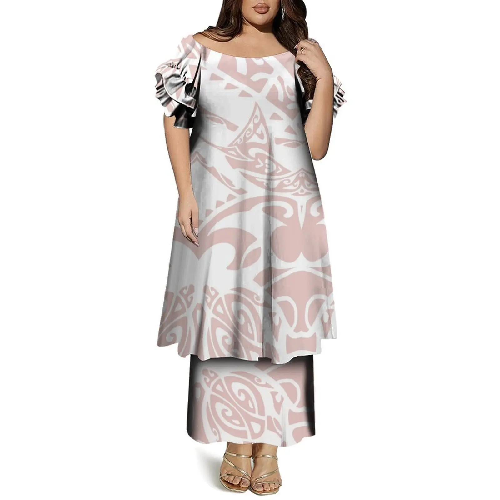 Conjunto de vestido feminino Puletasi de camada dupla com gola redonda e mangas borboleta vestido personalizado de verão polinésio