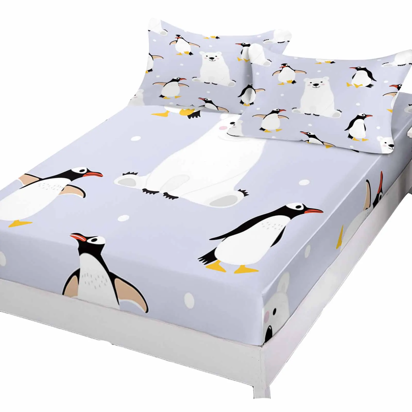 Polar Bear Penguin Cartoon Fitted Bed Sheet Cover Elastic Band Anti-slip Mattress Protector for Single Double King