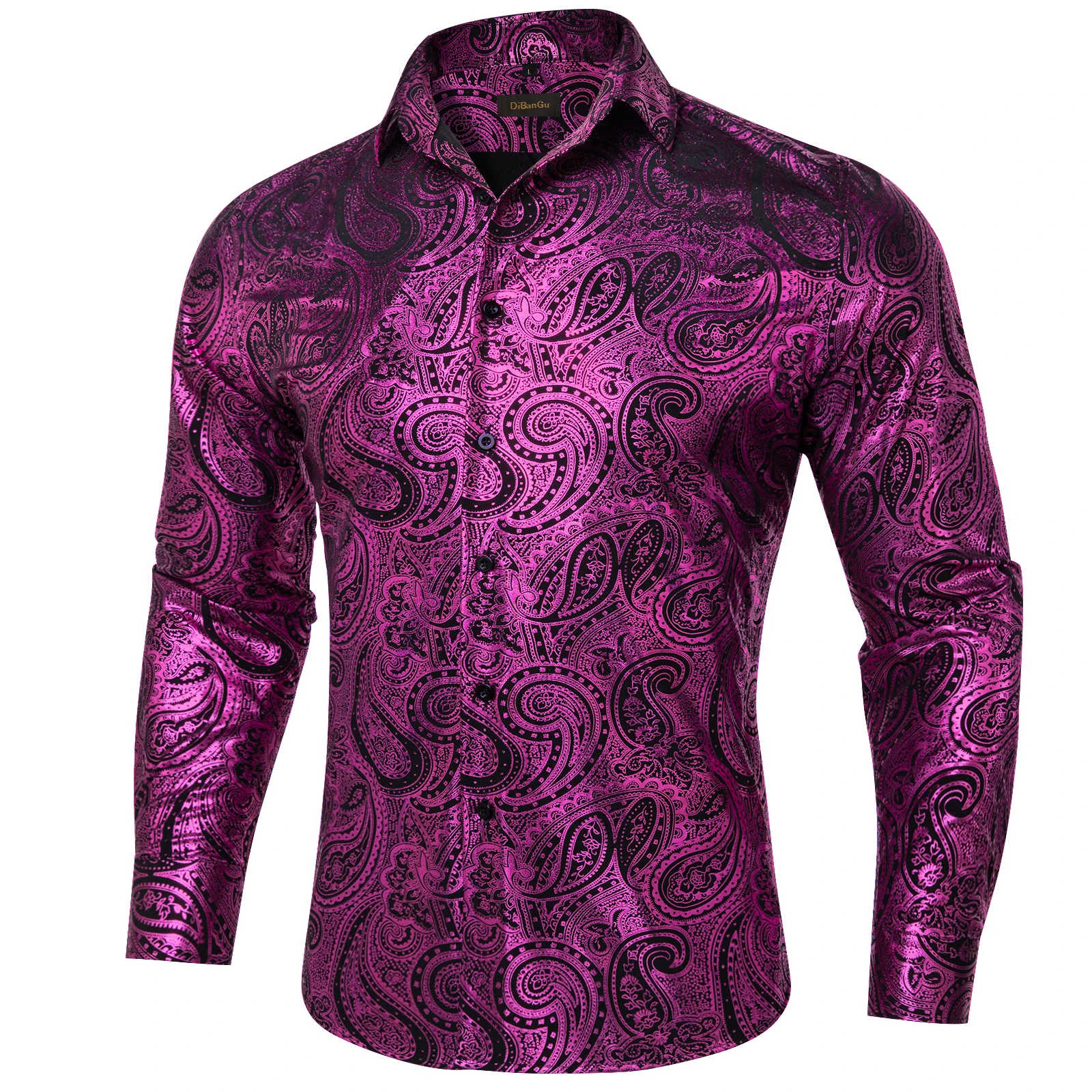 Luxury Purple Gilding Paisley Shirts for Men Long Sleeve Social Prom Party Men Clothing Button Down Collar Formal Dress Shirt