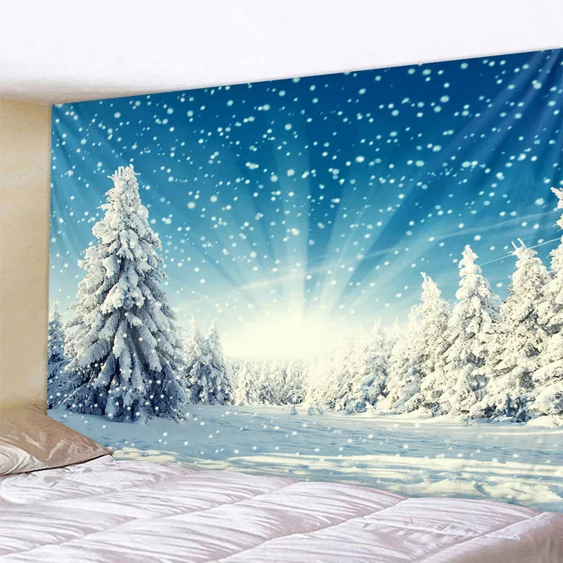 Christmas Forest Snow View Tapestry Wall Hanging Bohemian Festival Room Art Decoration Home Wall Blanket Background Fabric