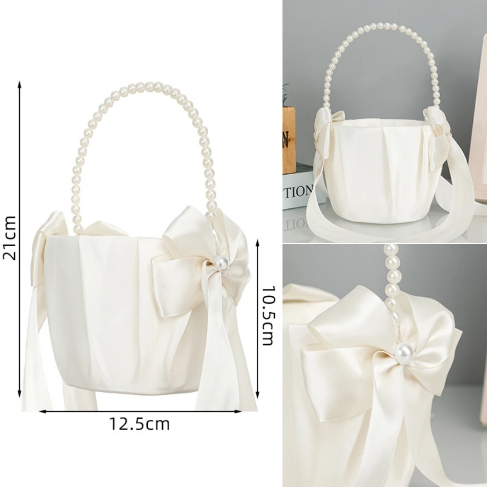 フラワーガールバスケットリングベアローセット、ロマンチックなサテンボウ、パール、結婚式の儀式、パーティーの装飾