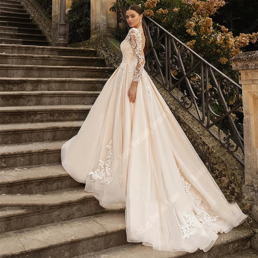 Elegant Ivory Women Wedding Dresses Dreamy Lace Long Sleeves A-Line Bridal Dress Illusion Print Backless Vestidos De Novias 2024