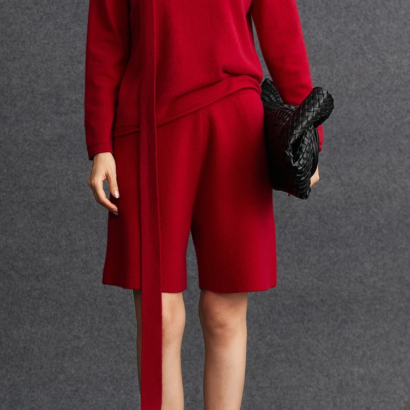 

High quality Spring Autumn Women 100% Cashmere Short Trousers Comfortable High-Waist Knitted Short Pants Female Thicken Pants