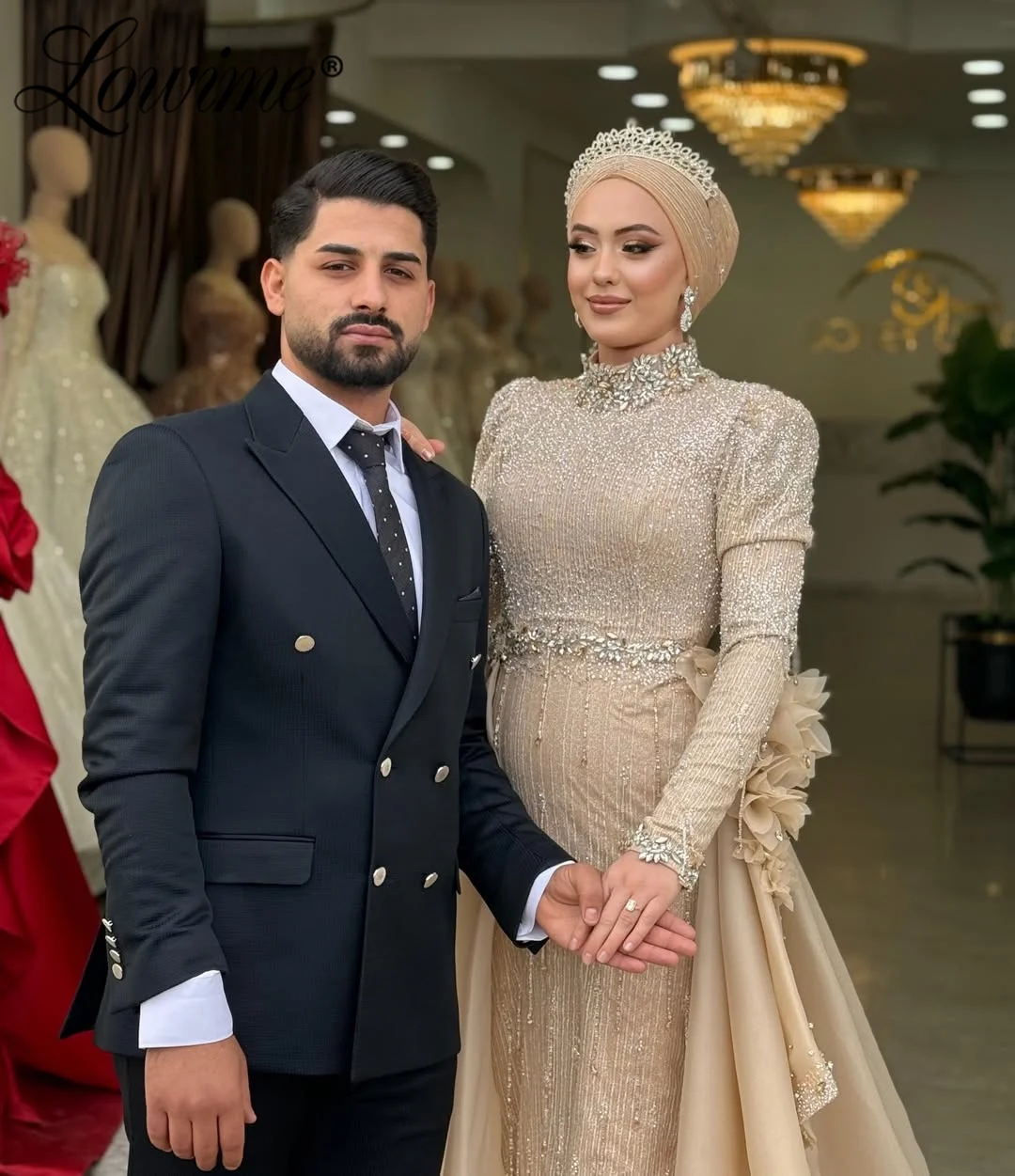 فساتين حفلات الشمبانيا المخصصة في المملكة العربية السعودية مع تنورة علوية من الكريستال اللامع لحفلات الزفاف فستان سهرة للاستقبال الثاني #3