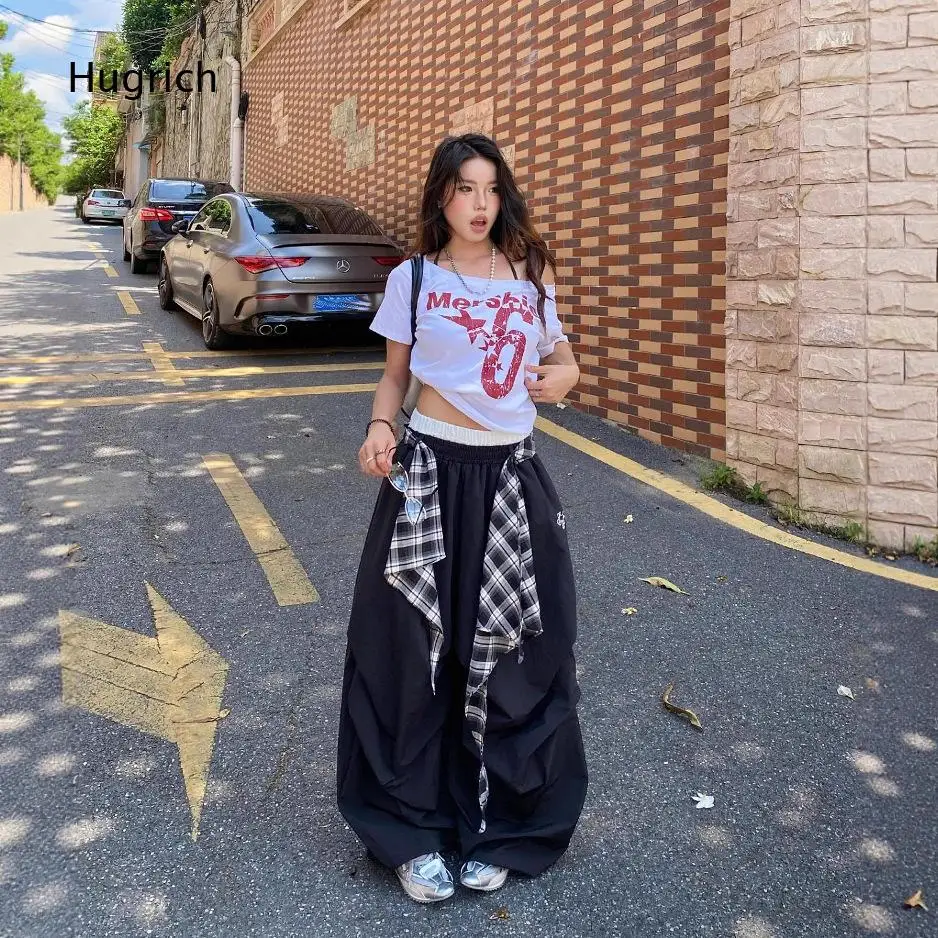 

Elastic Drawstring Waist Wide Leg Pants Detachable Plaid Patch Decor Ruched Loose Oversized Full Length Streetwear Trousers