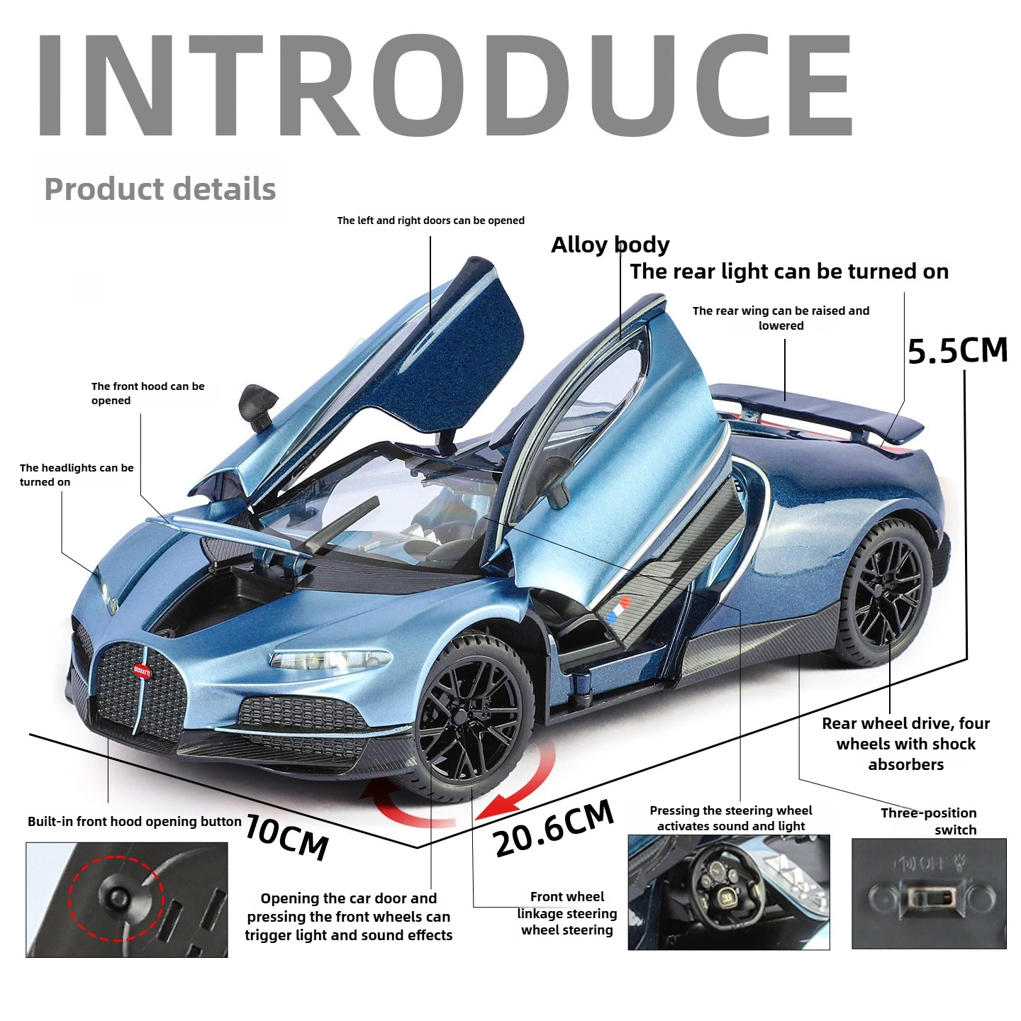 Bugatti 1:24 ﻿   Tourbillon Auto sportiva Modello di auto in lega Suono e luce Tirare indietro Giocattolo per bambini da collezione Regali di compleanno