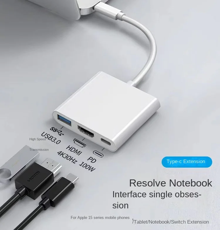 

3 IN 1 USB C HUB TYPE-C to HDMI Adapter TYPE C Extension Cable USB 3.0 Converter HDMI-compatible Adapter for PC Laptop Macbook