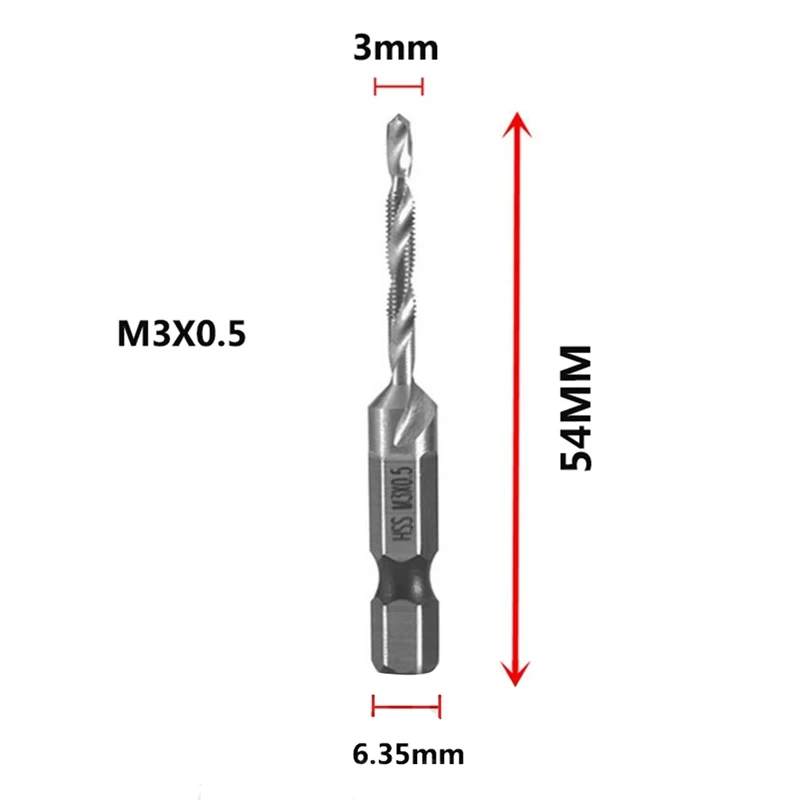DT16 4pcs M3X0.5mm High-Speed Steel 4341 Titanium Plated Composite Tap Drill, Machine Tap, Hex Shank Screw Thread Bit