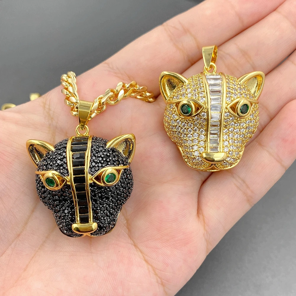 Hip Hop Punk Micro Pave Clear Black Cubic Zircon Gold Plated Leopard Head Pendant Cuban Chain Necklace Animal Style Jewelry