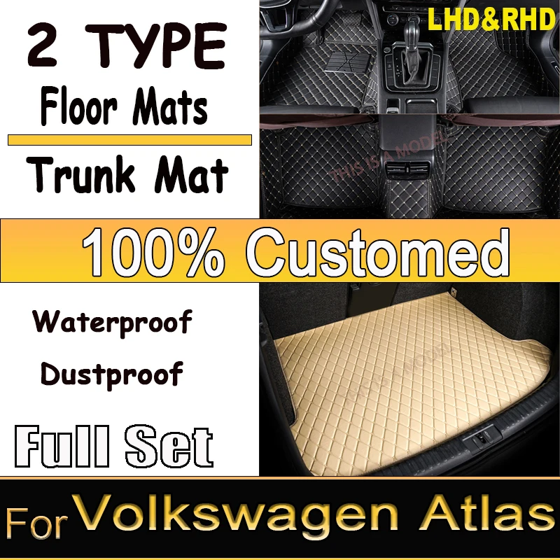 Car Mats For Volkswagen VW Atlas Teramont CA1 2017~2022 Auto Interior Parts Floor Rug Carpet Luxury Leather Mat Car Accessories