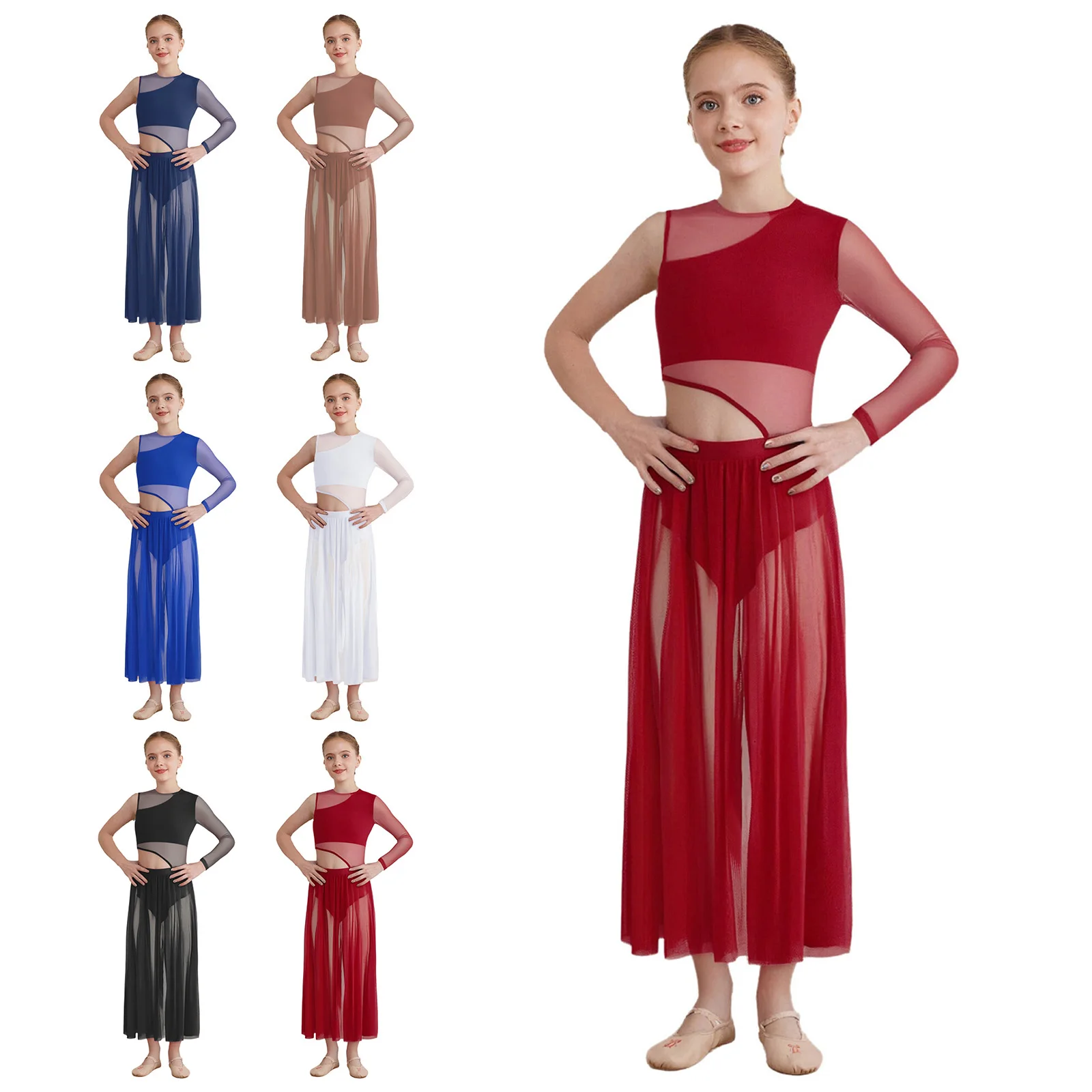 Modern Dance Maxi Skirted Leotard Dress Kids Girls Asymmetrical Ballet Lyrical Dance Performance Competition Costume Dancewear