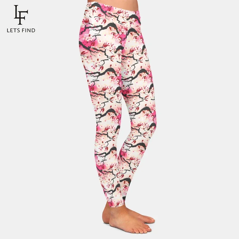 LETSFIND New Arrival Beautiful Women Pants Sexy Slim Fitness Leggings High Wasit 3D Blooming Cherry Paint Pattern Print Pants