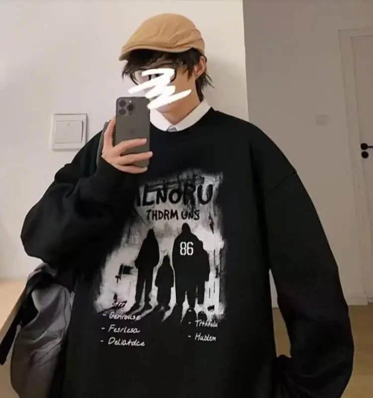 

Retro American Fleece Lined Long Sleeve Sweatshirt Men's Spring Autumn Casual Loose Outerwear Trendy Brand Youth Fashion