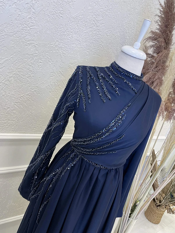 Elegant Dubai Muslim Formal Dress Robe De Soirée A-Line Chiffon Beaded Prom Party Dresses Women Evening Gowns Moroccan Caftan