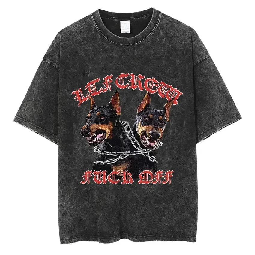 Men Women Washed Vintage Short Sleeve T Shirts Hip Hop Doberman Graphic T-shirt Men\'s Cotton Oversized Tee shirt Streetwear