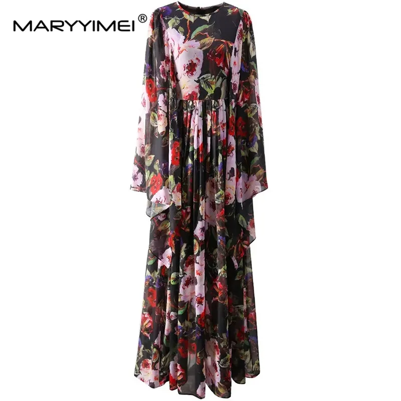 MARYYIMEI Fashion Women's New Classic Vintage Round Neck Flying Sleeved Pink Printed High Quality Shaggy High-Waisted Maxi Dress