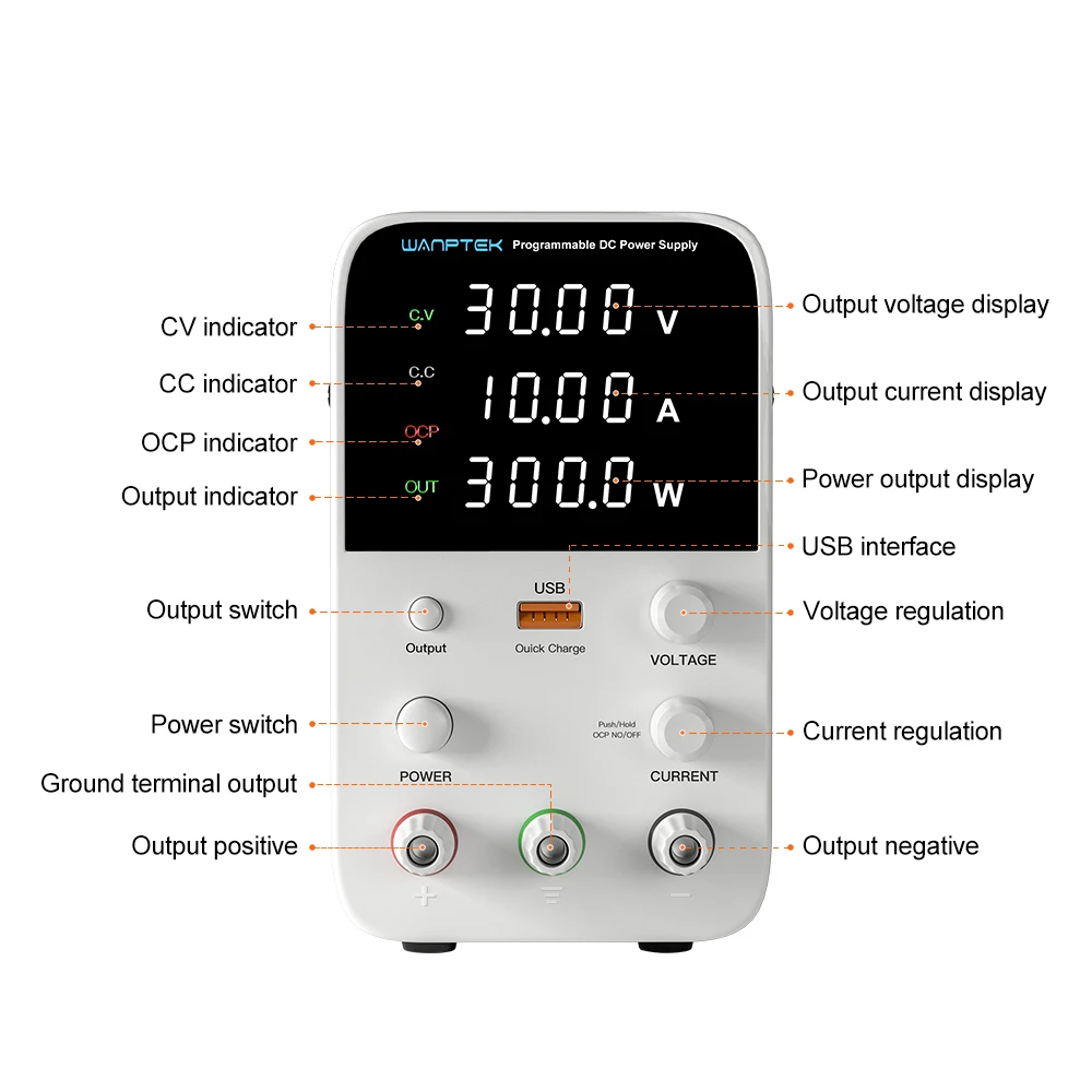 Wanptek Lab DC-Netzteil, einstellbar, USB-Ladefunktion, Display, 30V 5A 10A 60V 5A 120V 3A, Spannungsregler für Reparaturen – Detail 14