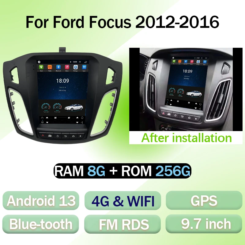 Reproductor Multimedia Inalámbrico para coche, dispositivo de 9,7 pulgadas con carplay, navegación GPS, estéreo, Android, estilo Tesla, para Ford Focus 2012-2016