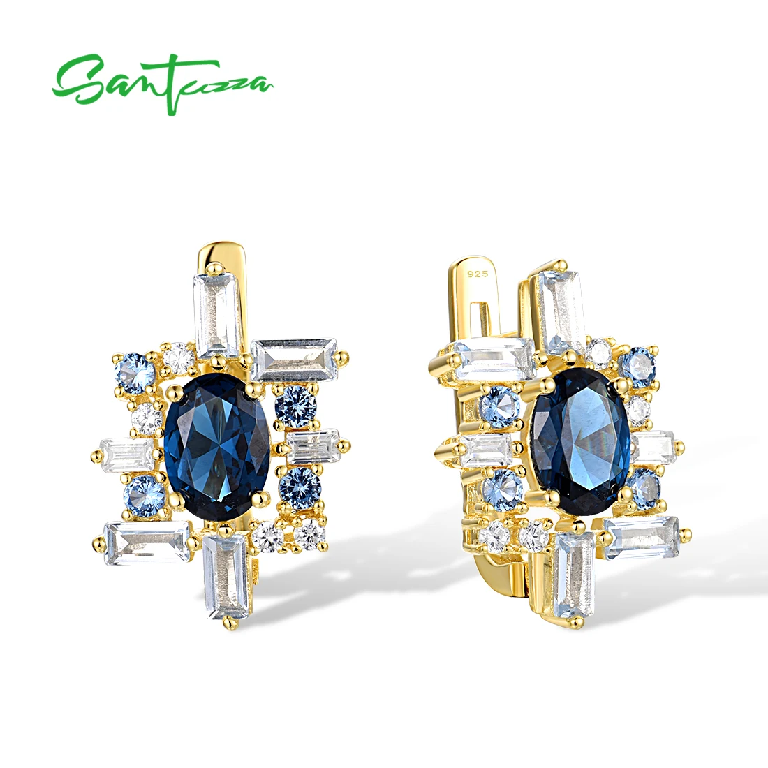 

SANTUZZA Real 925 Sterling Silver Solitaire Earrings For Women Sparkling Blue Spinel Latch Back Wedding Gifts Fine Jewelry Set