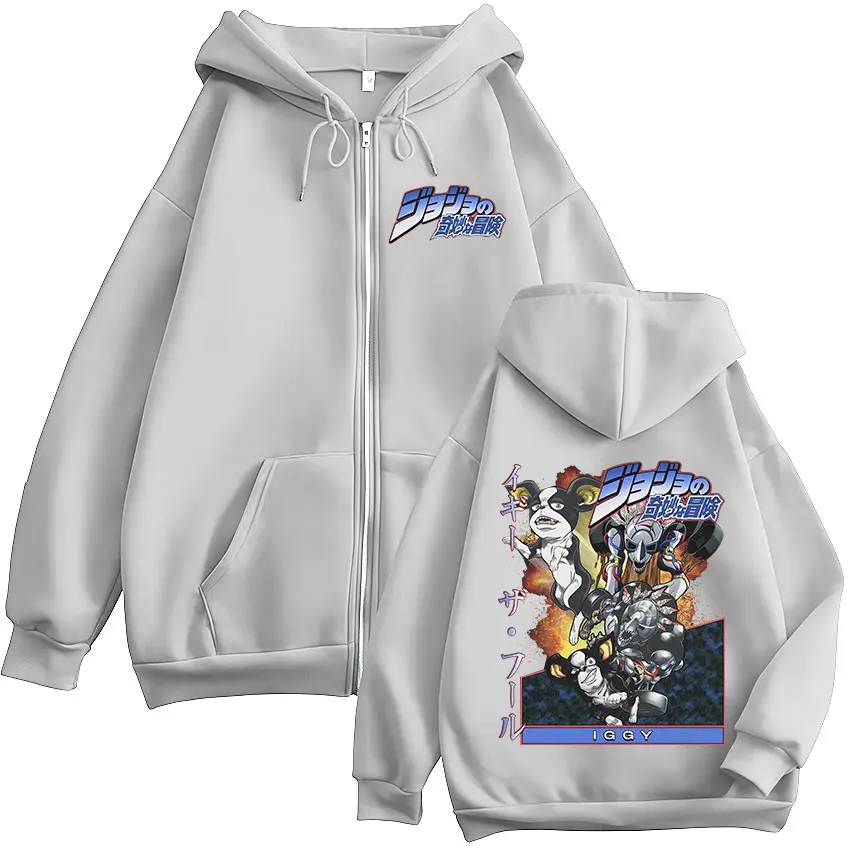 Anime JoJo Bizarre Adventure Iggy Manga Graphic Zipper Hoodies Men Women Clothing Fashion Hip Hop Zip Up Sweatshirts Streetwear