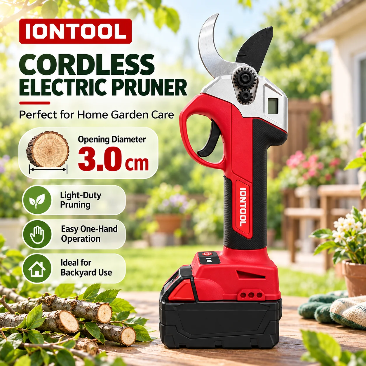 IONTOOL Handheld Red Cordless Pruning Shears 3.0CM For Hedge Trimming and Flower Stem Cutting and Orchard Branch Shaping