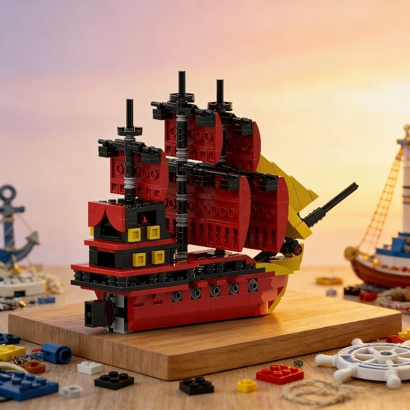 

481-Piece Red Sailing Ship Building Blocks, MOC Compatible DIY Model with Sails, Educational Gift for Teens & Adults