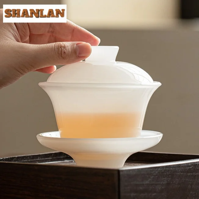 135ml High End White Jade Porcelain Gaiwan Japanese Non Hot Sancai Glass Tea Tureen Tea Maker Cover Bowl Mug Tea Services Craft