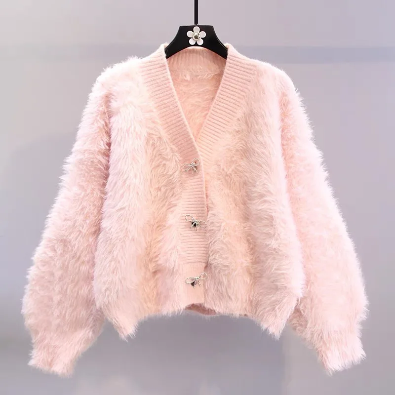 Women's Winter Fluffy Faux Fur Cardigan, Luxury Sweater, Pink/Sky Blue/White, V-neck, Batwing Long Sleeve, Single Breasted,Trend